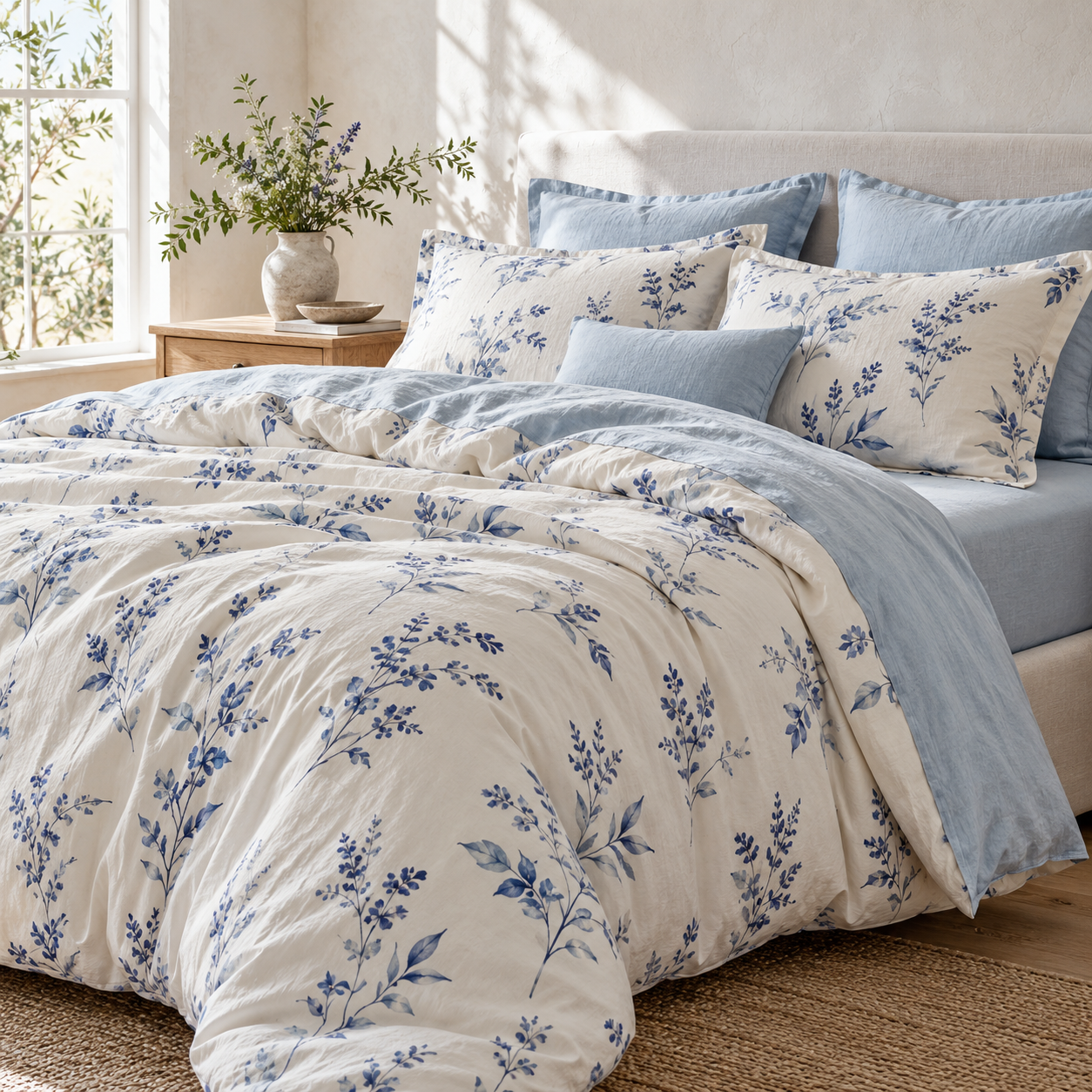 Blue and white bed sheet with a delicate petal print