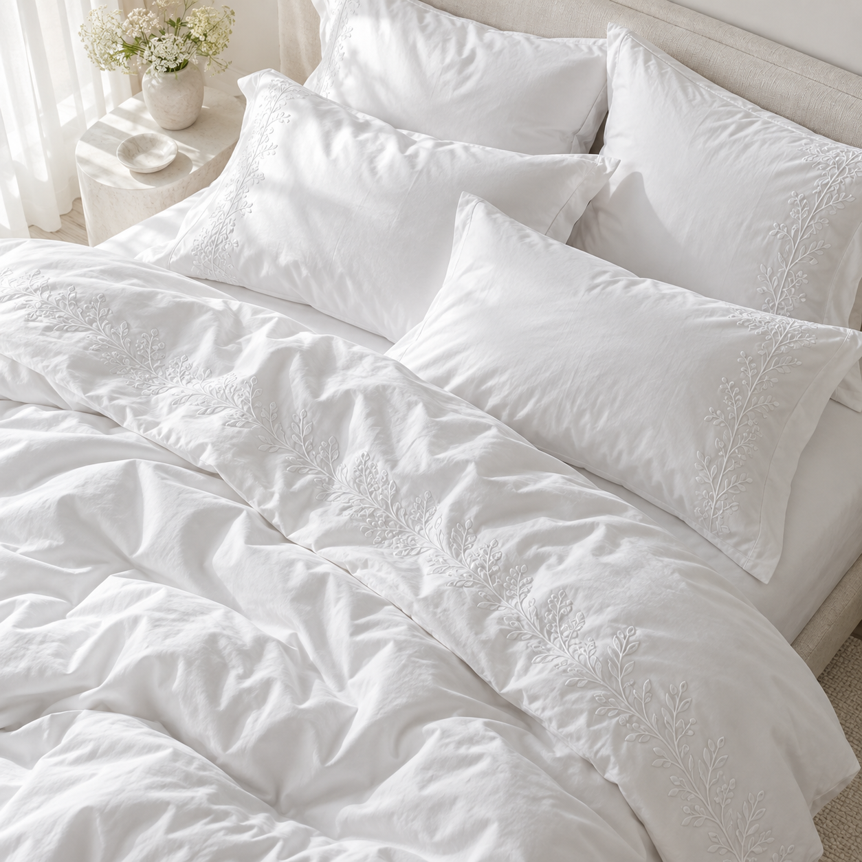 White bed sheets with delicate embroidered detailing