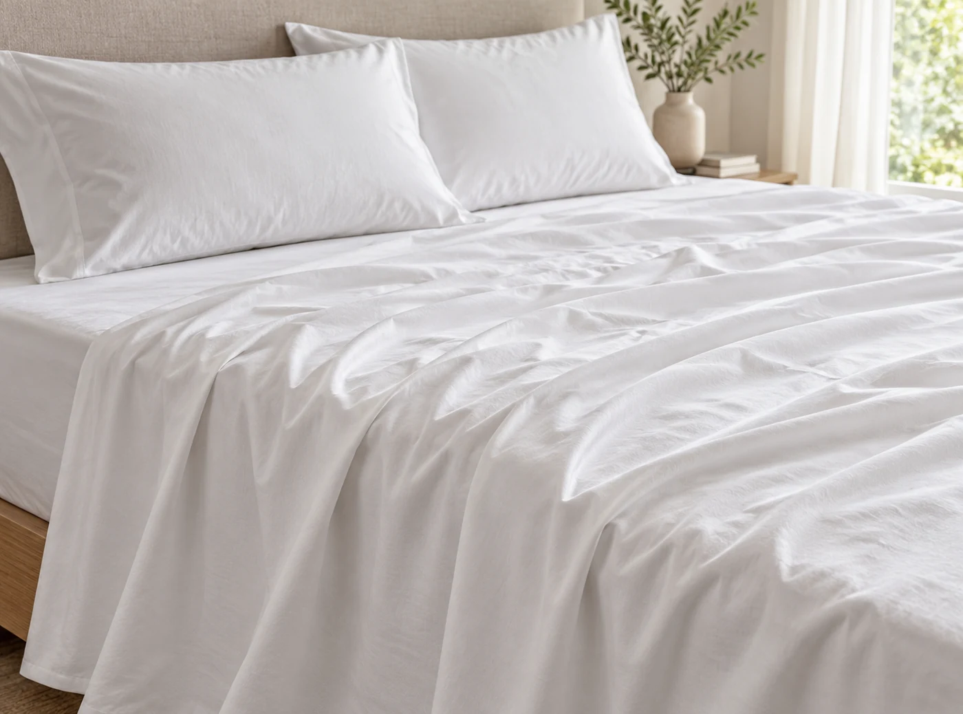Hotel style white bedsheets and pillows