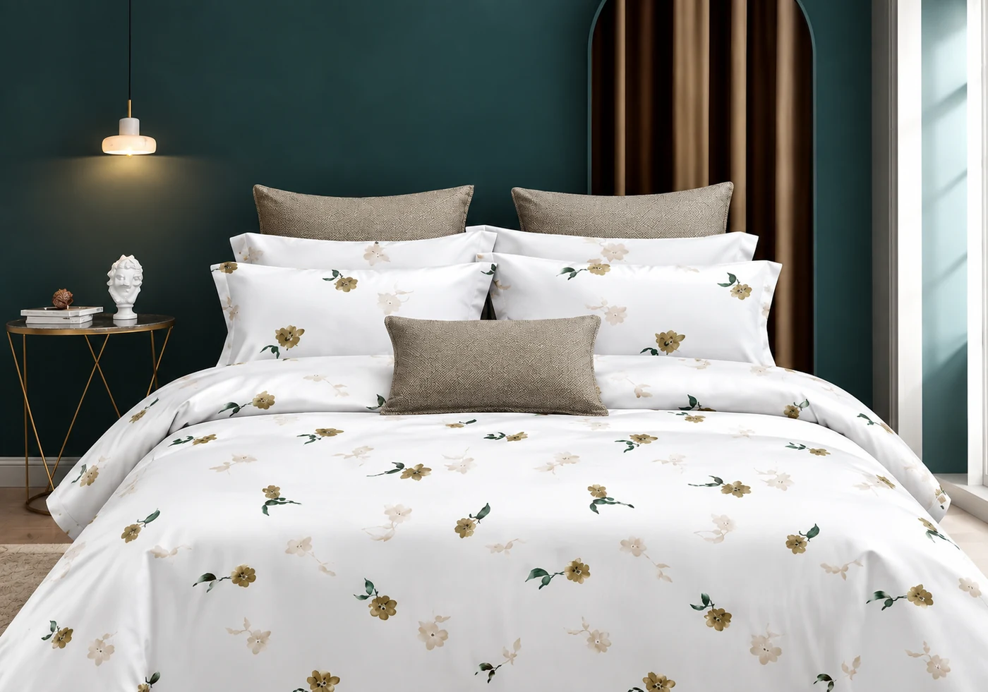 White floral bedding in a dark green bedroom
