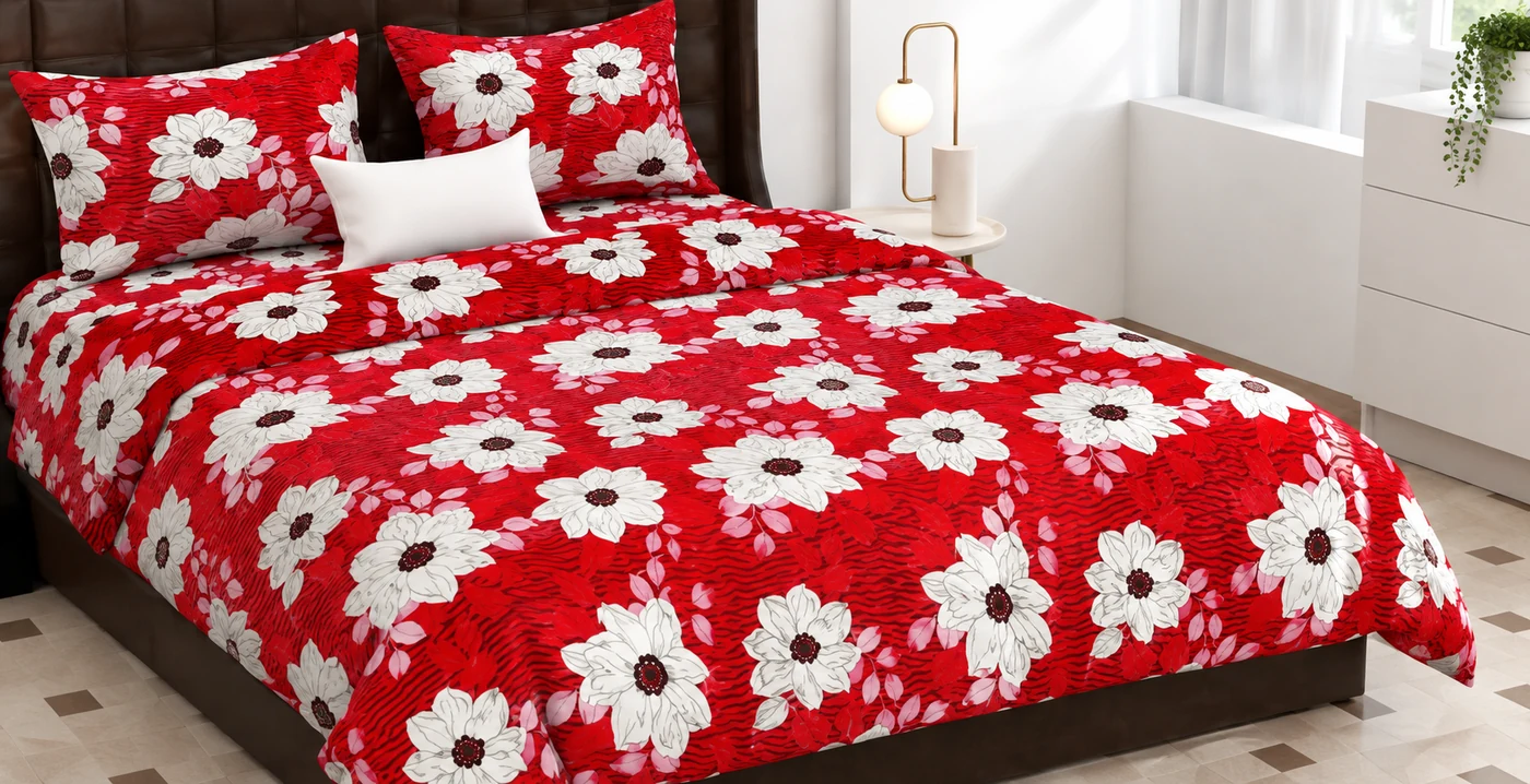 Red floral bed sheet set arranged on a large bed