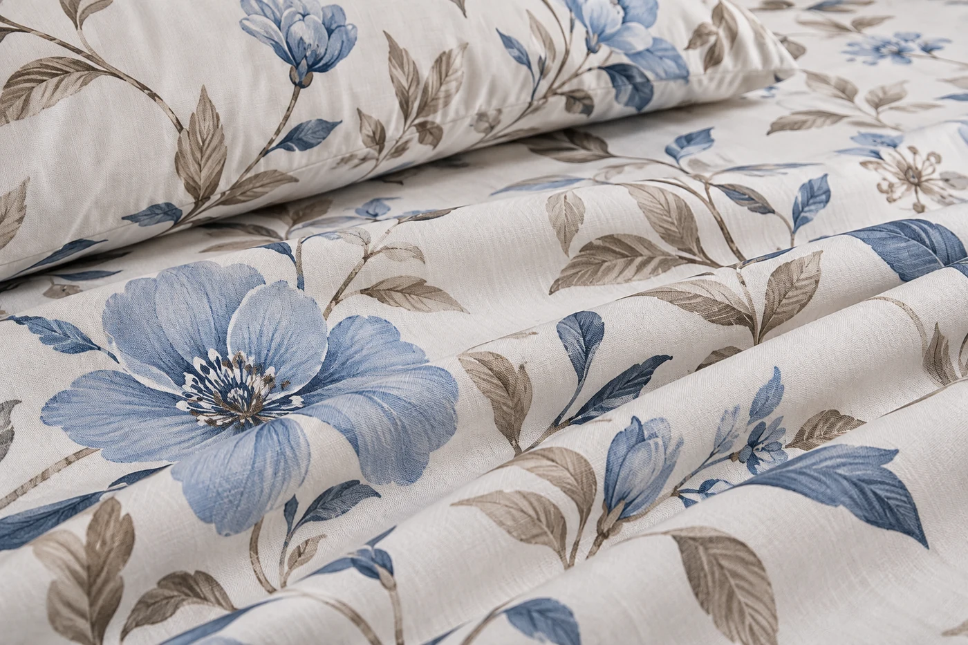 Close-up of blue floral bedding with large blossoms