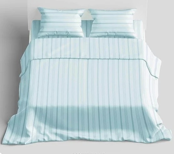 Aqua blue striped bedding set arranged on a white background