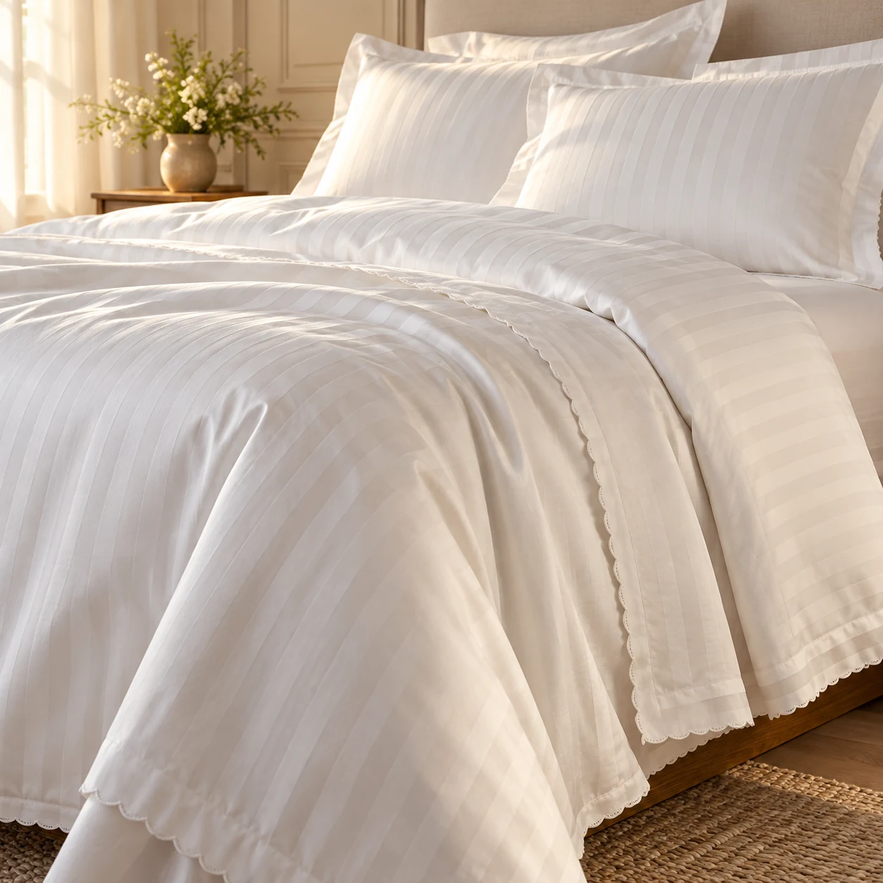 White embroidered bed sheet and pillows on a neatly made bed