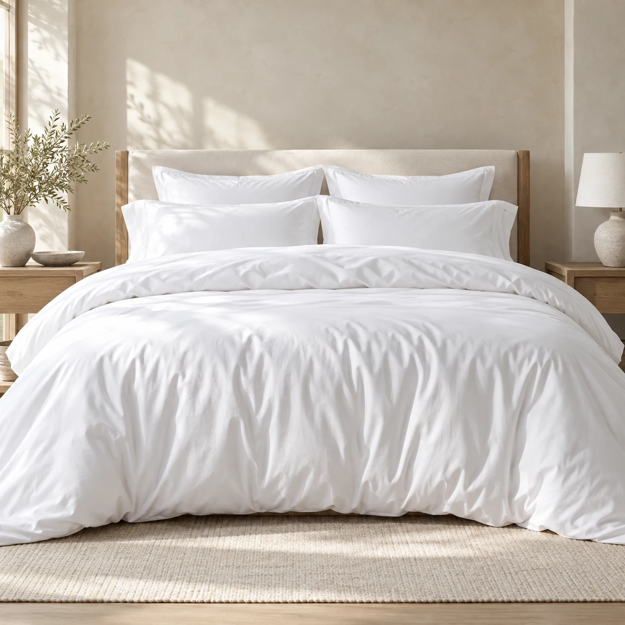 White bed sheets styled in a bright bedroom