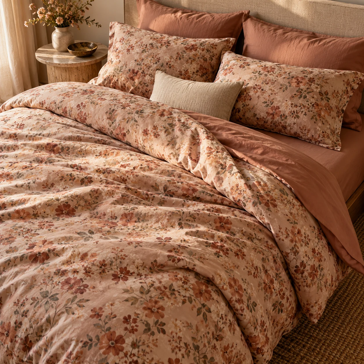 Warm terracotta and blush floral bed sheets