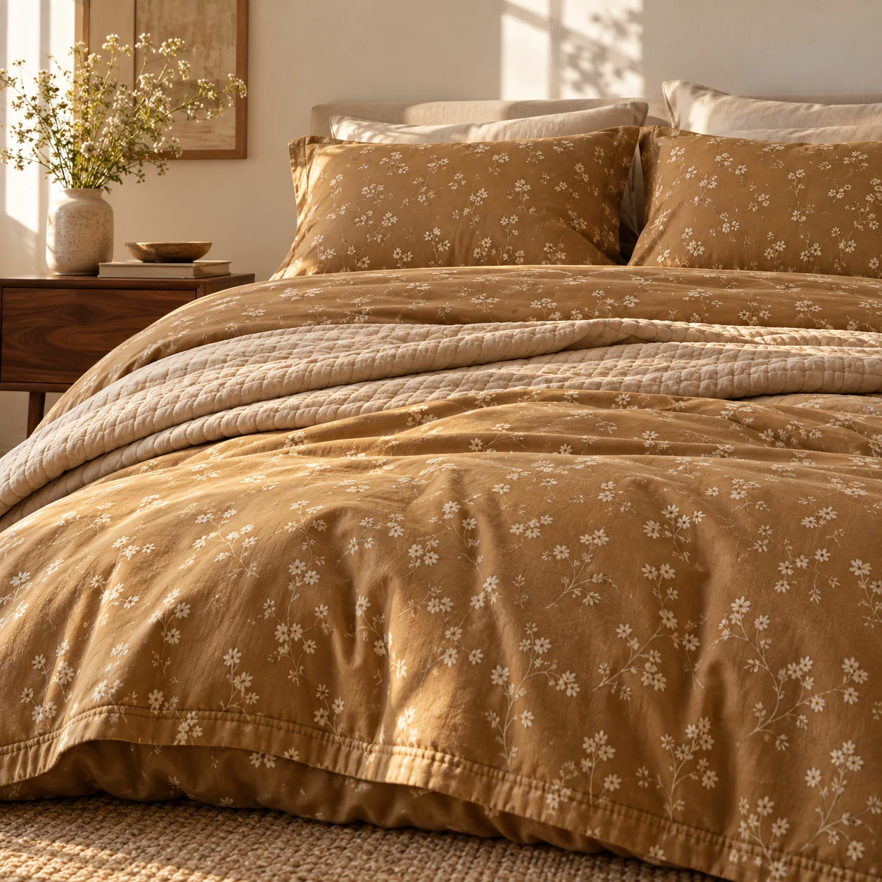 Golden tan bedding with a subtle repeating pattern