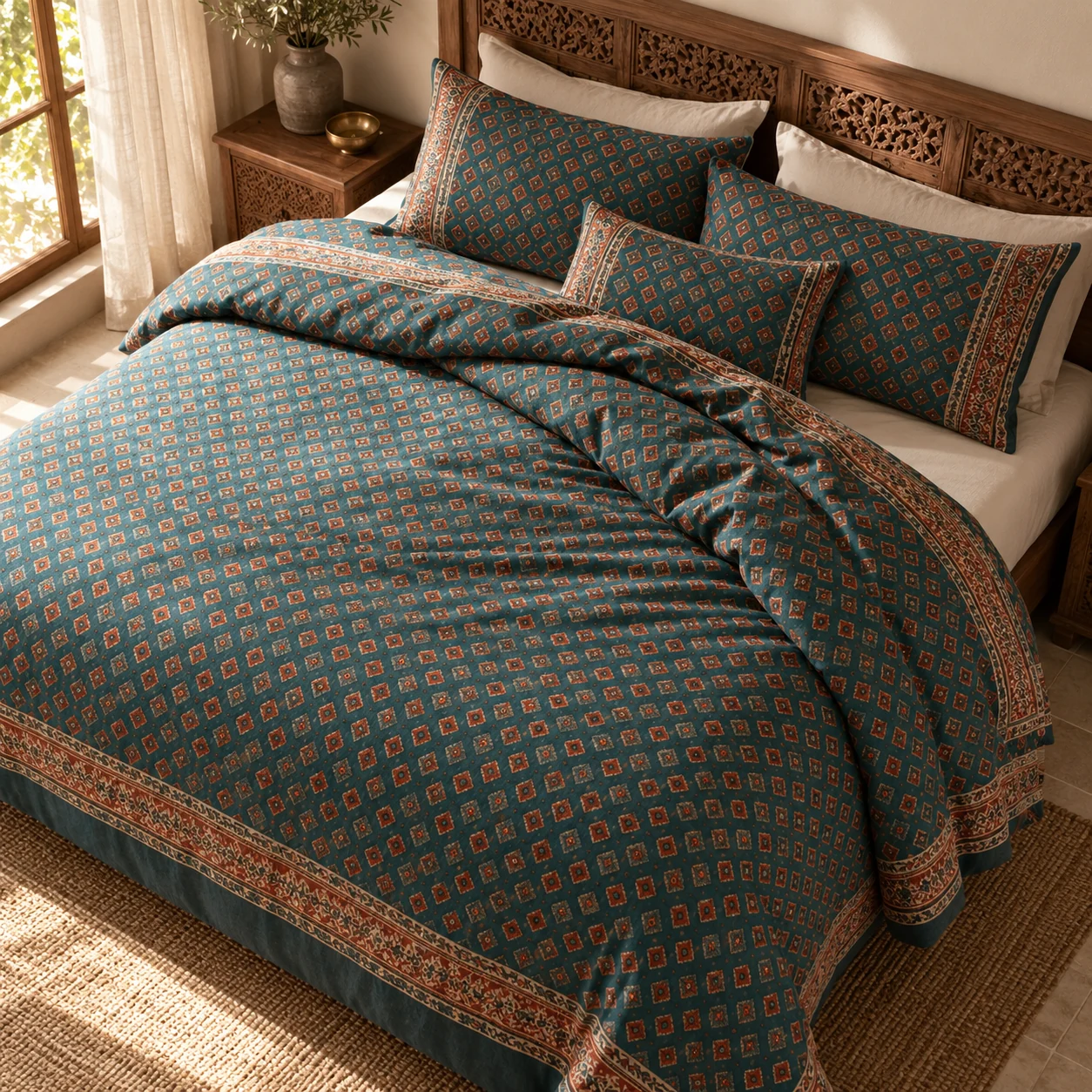 Deep teal and rust geometric bed linen