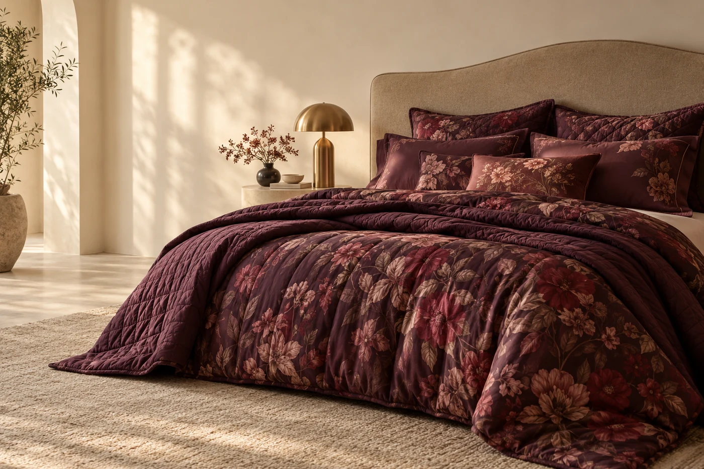 Burgundy floral bedding in a warm neutral bedroom