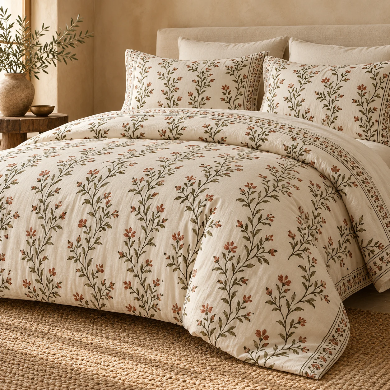Cream bedding with a small green botanical print