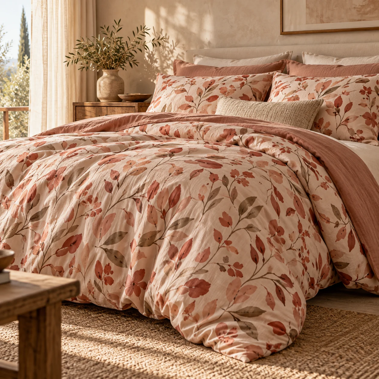 Peach and rose floral bed linen in a softly lit room