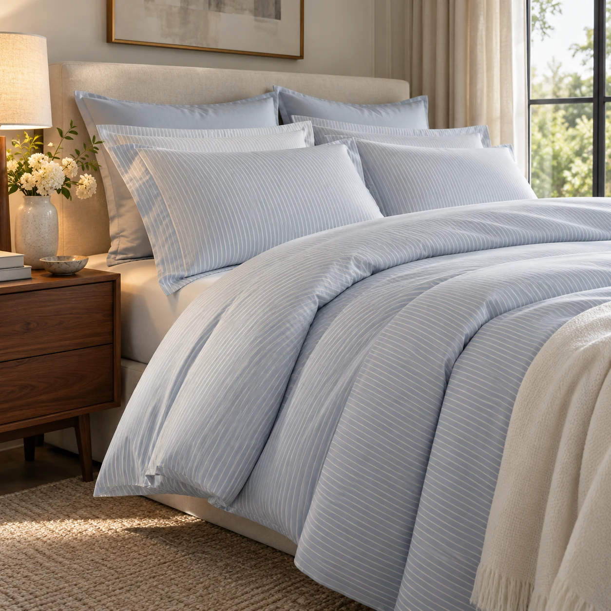 Blue pinstripe bed linen on a neatly styled bed
