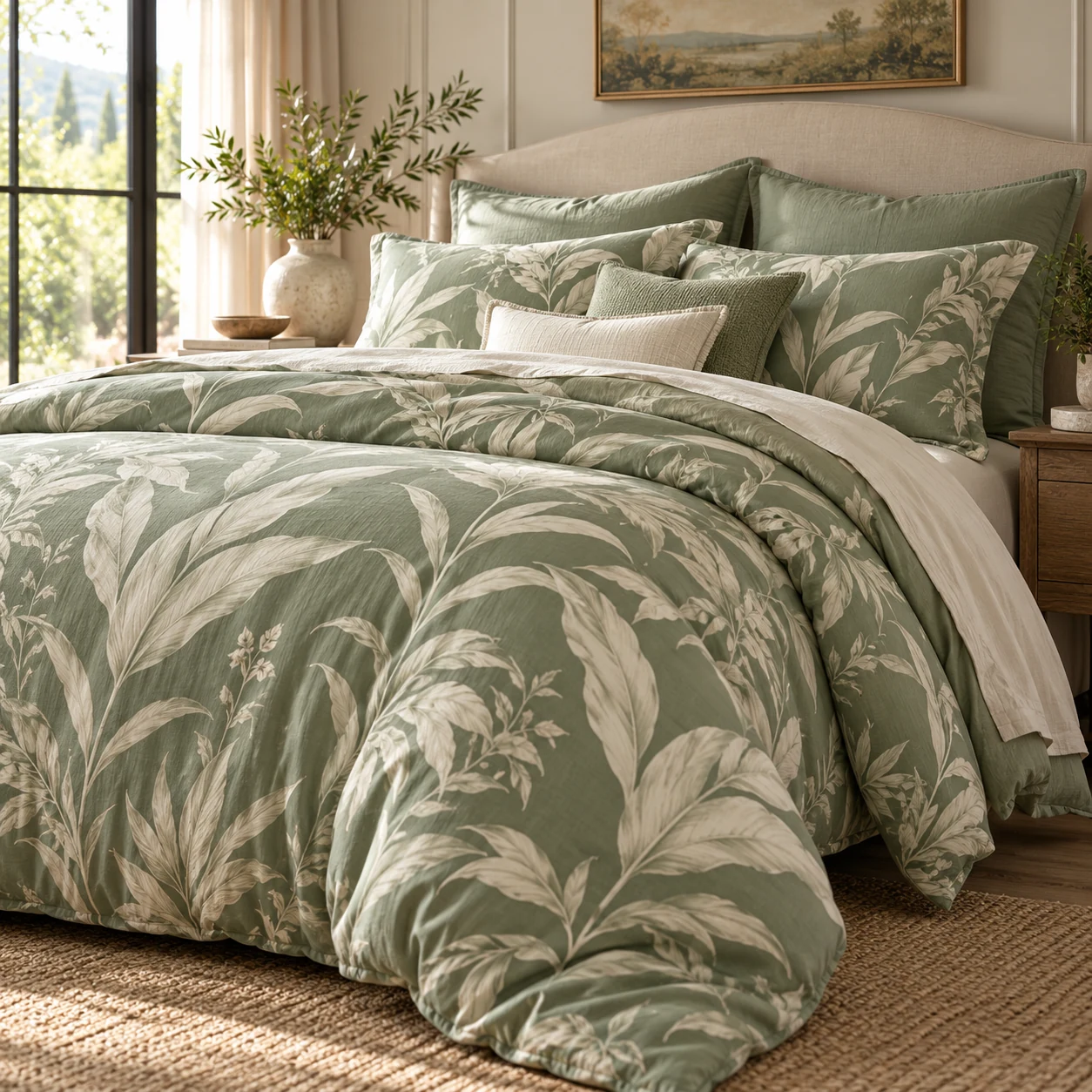 Sage green leafy duvet set in a bright bedroom