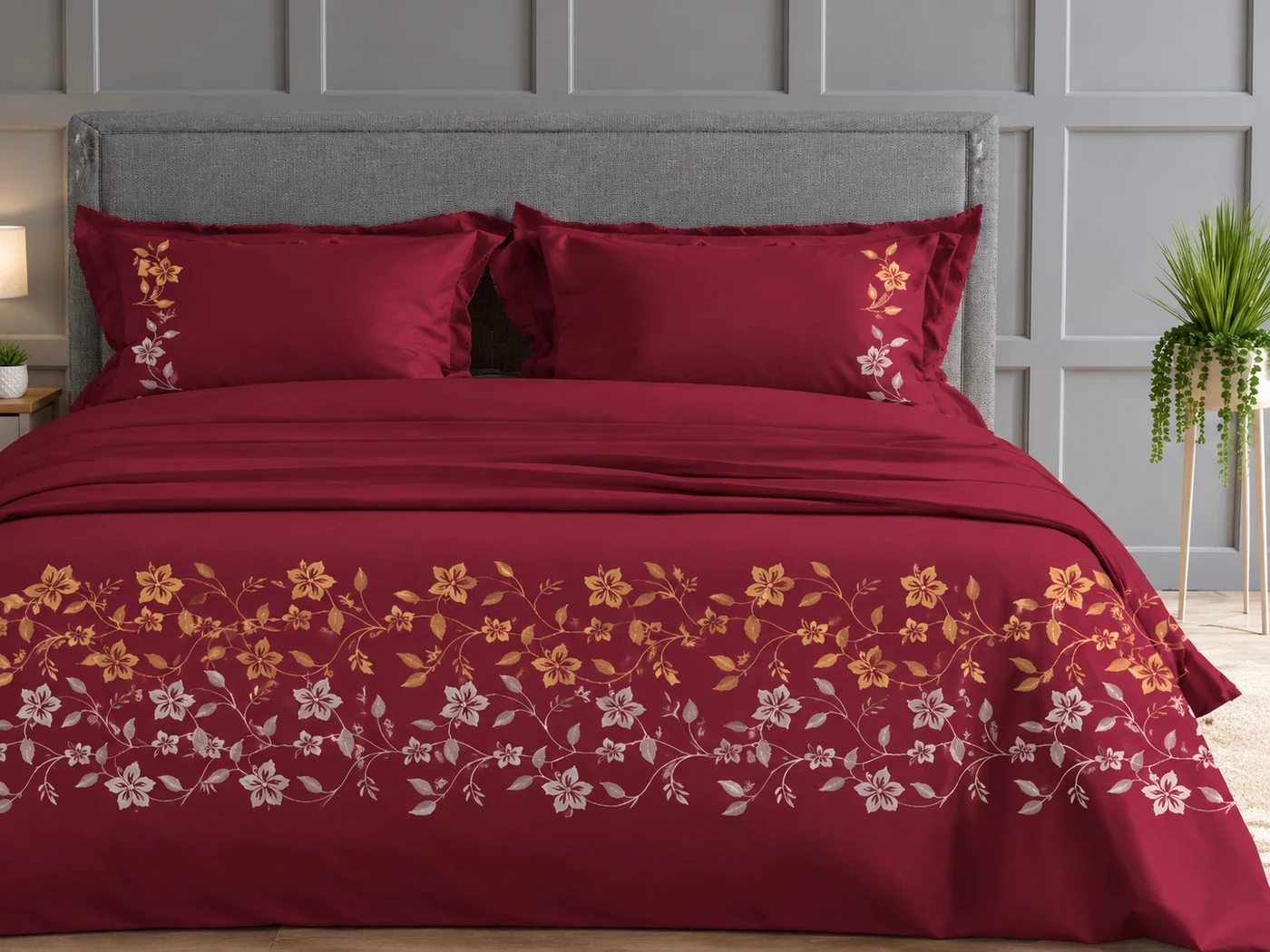 Deep berry floral bed linen with delicate details