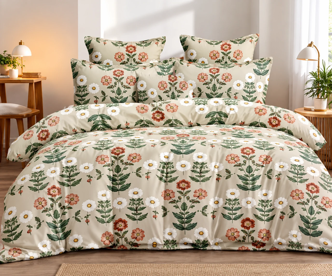 Cream bed linens with a multicolored floral botanical print