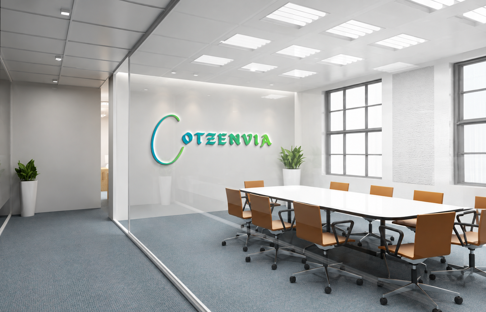Cotzenvia name on the wall of a bright meeting room with a long table and chairs