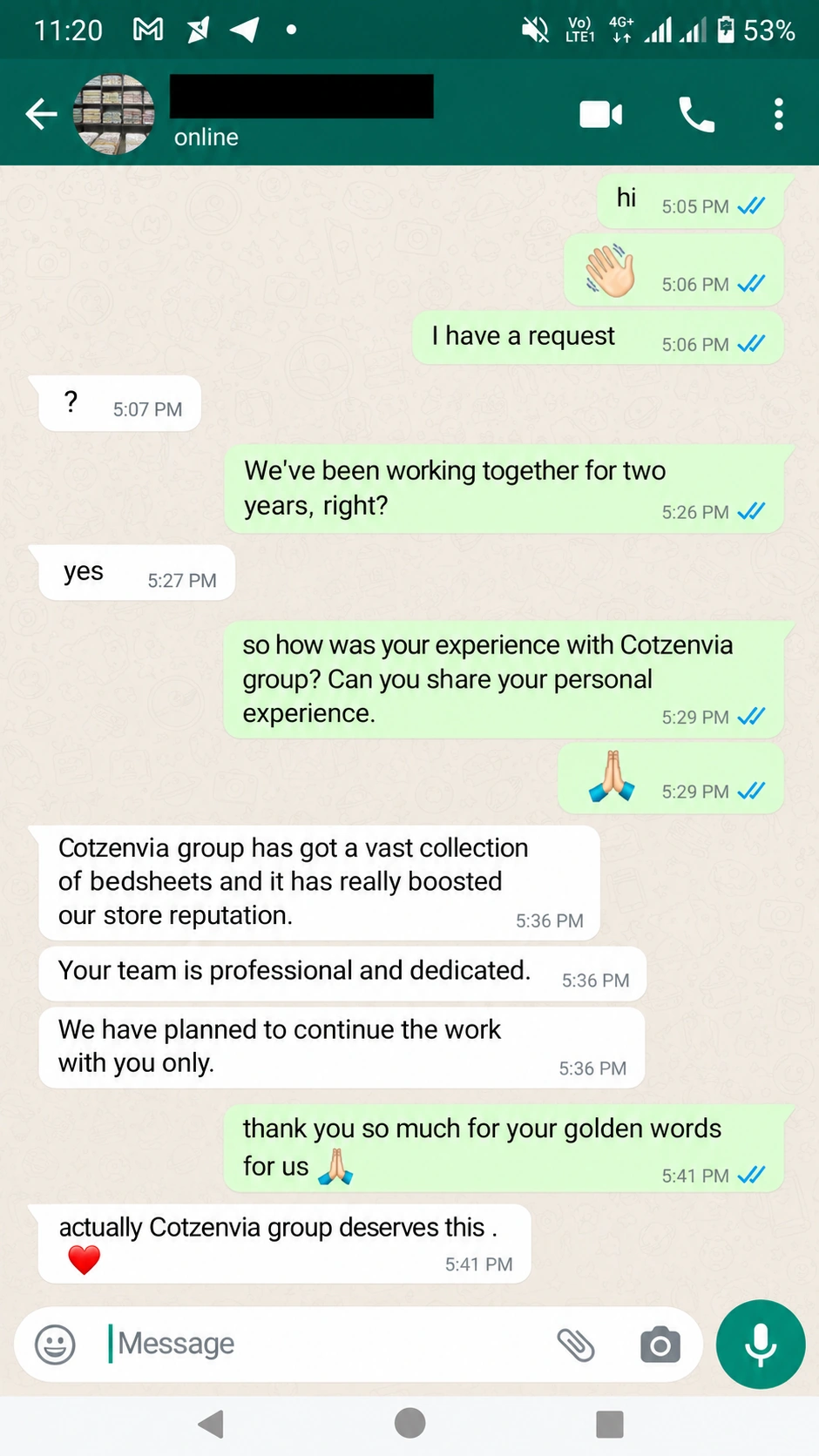 WhatsApp conversation sharing positive feedback from a long-term Cotzenvia partner