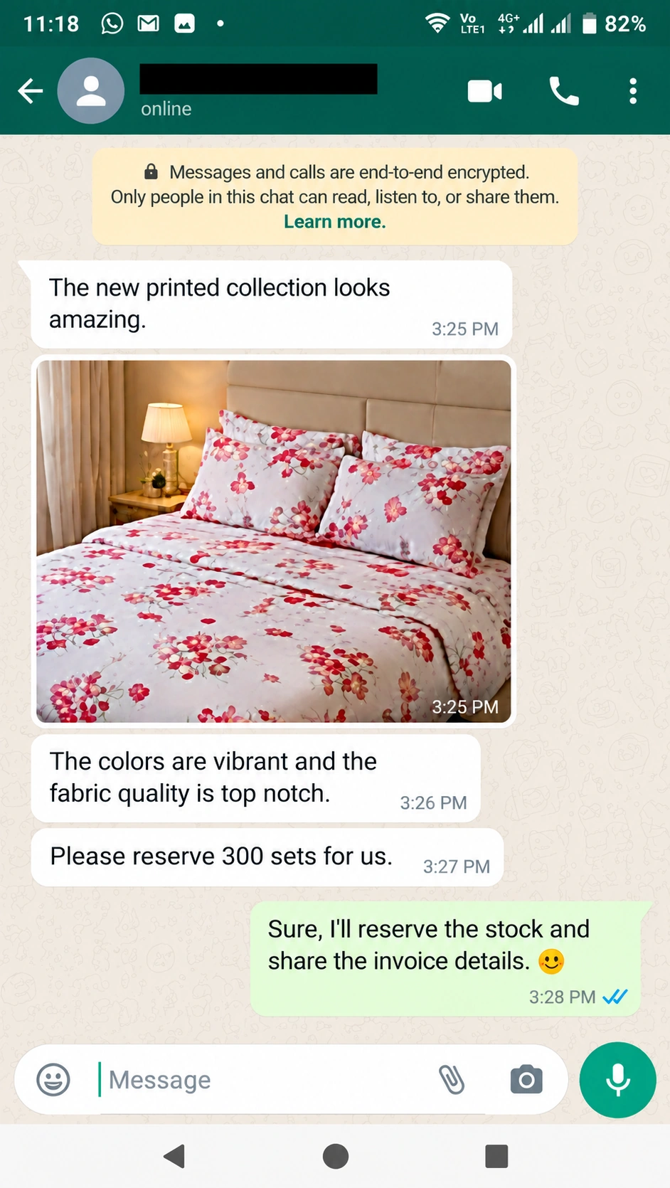WhatsApp conversation about a new printed bedsheet collection and bulk order