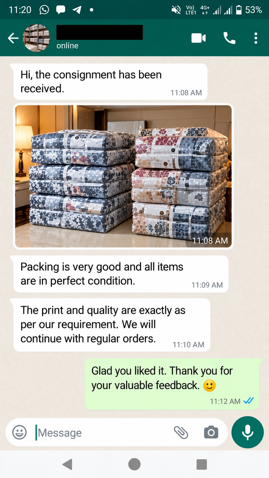 WhatsApp conversation sharing feedback on a received consignment and product quality