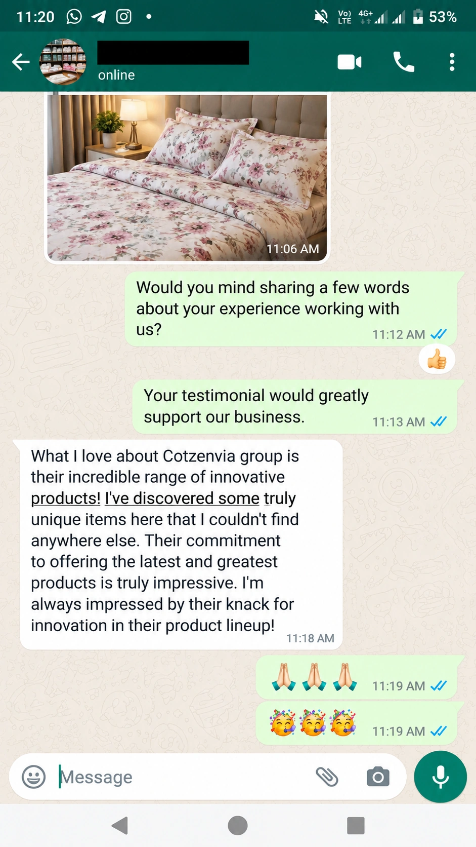 WhatsApp conversation requesting and sharing a customer testimonial