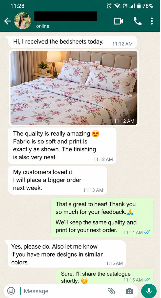 WhatsApp conversation about bedsheets arriving and feedback on quality and color