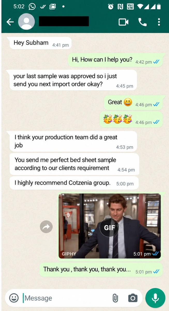 WhatsApp conversation confirming a sample and recommending Cotzenvia