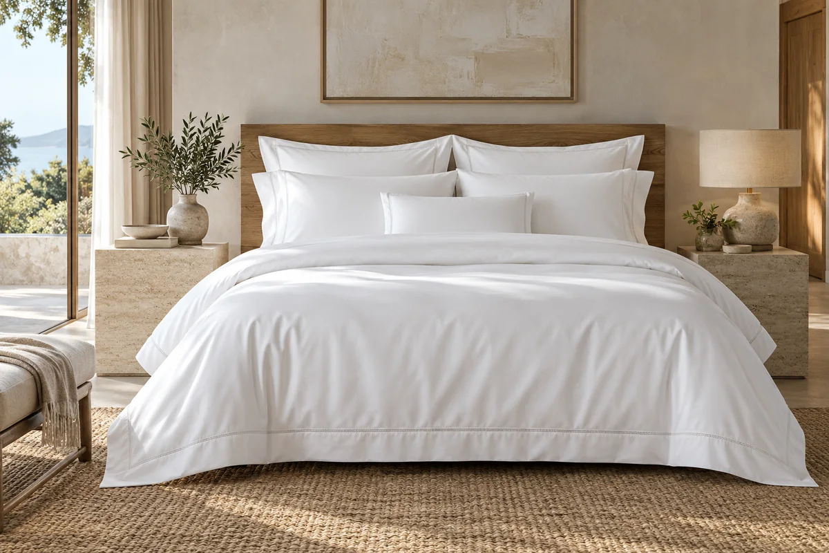 Crisp white bed sheets in a bright, neutral bedroom