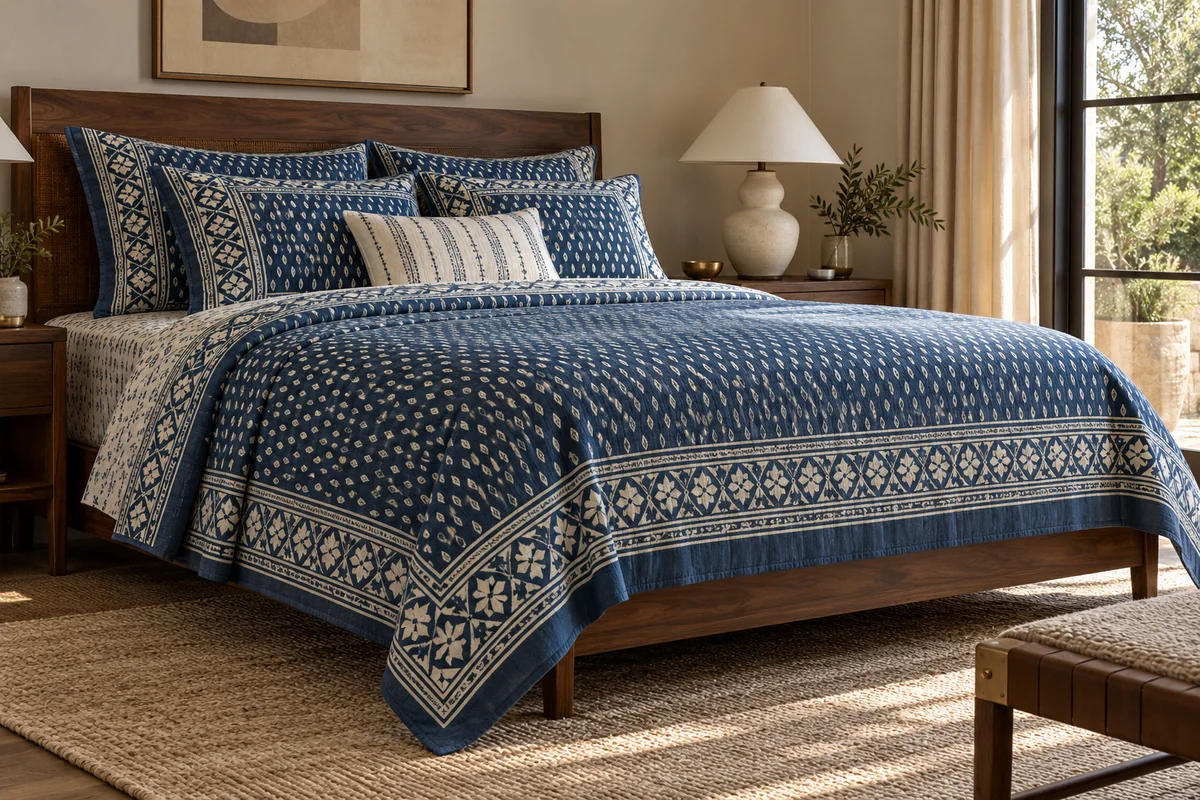 Navy blue bedsheets with a traditional patterned border