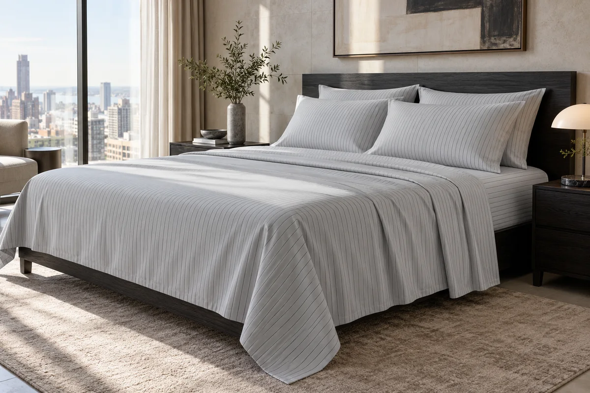 Light grey pinstripe bed linen in a modern bedroom