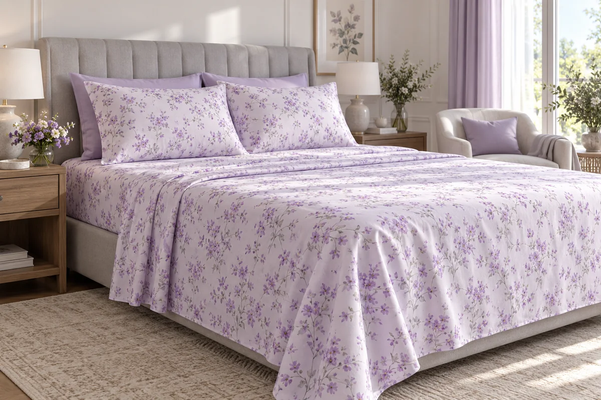 Lavender bedsheets with a small floral pattern