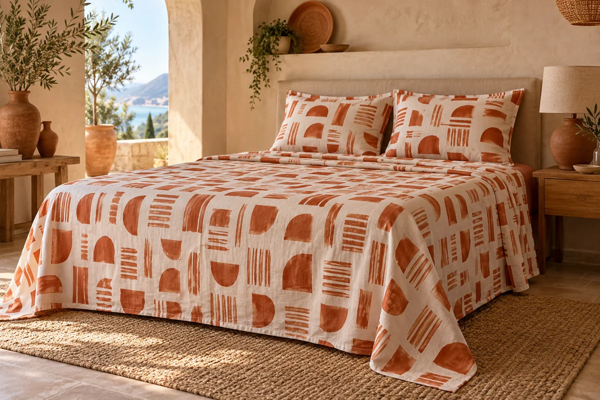 Terracotta and cream geometric printed bedsheets