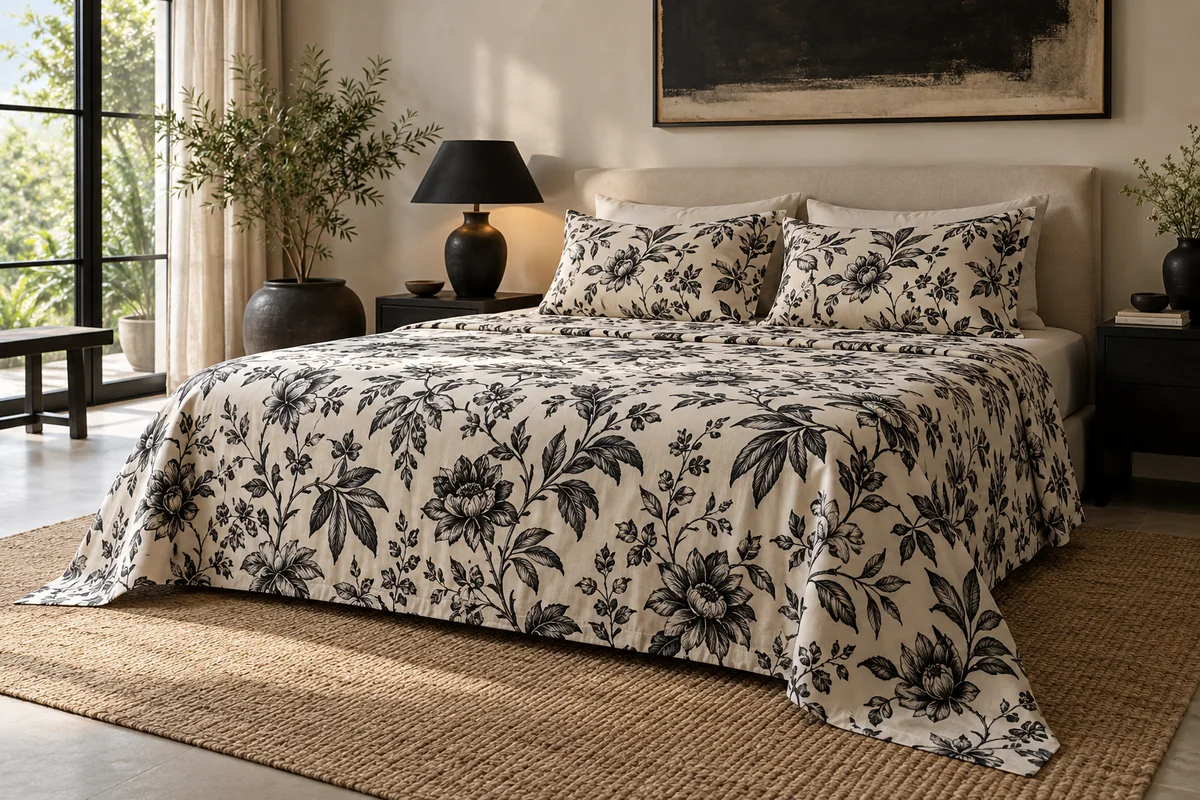 Monochrome botanical bedsheets with a bold floral print