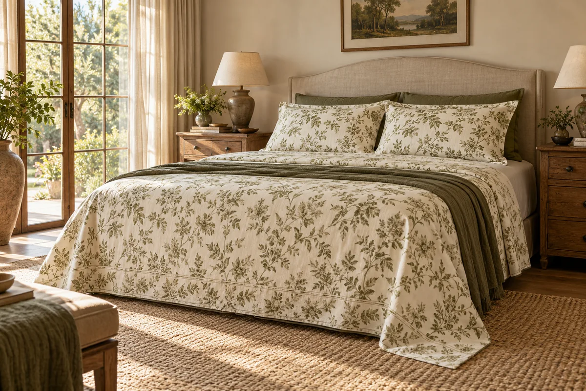Cream bedsheets with an olive botanical print and green accents