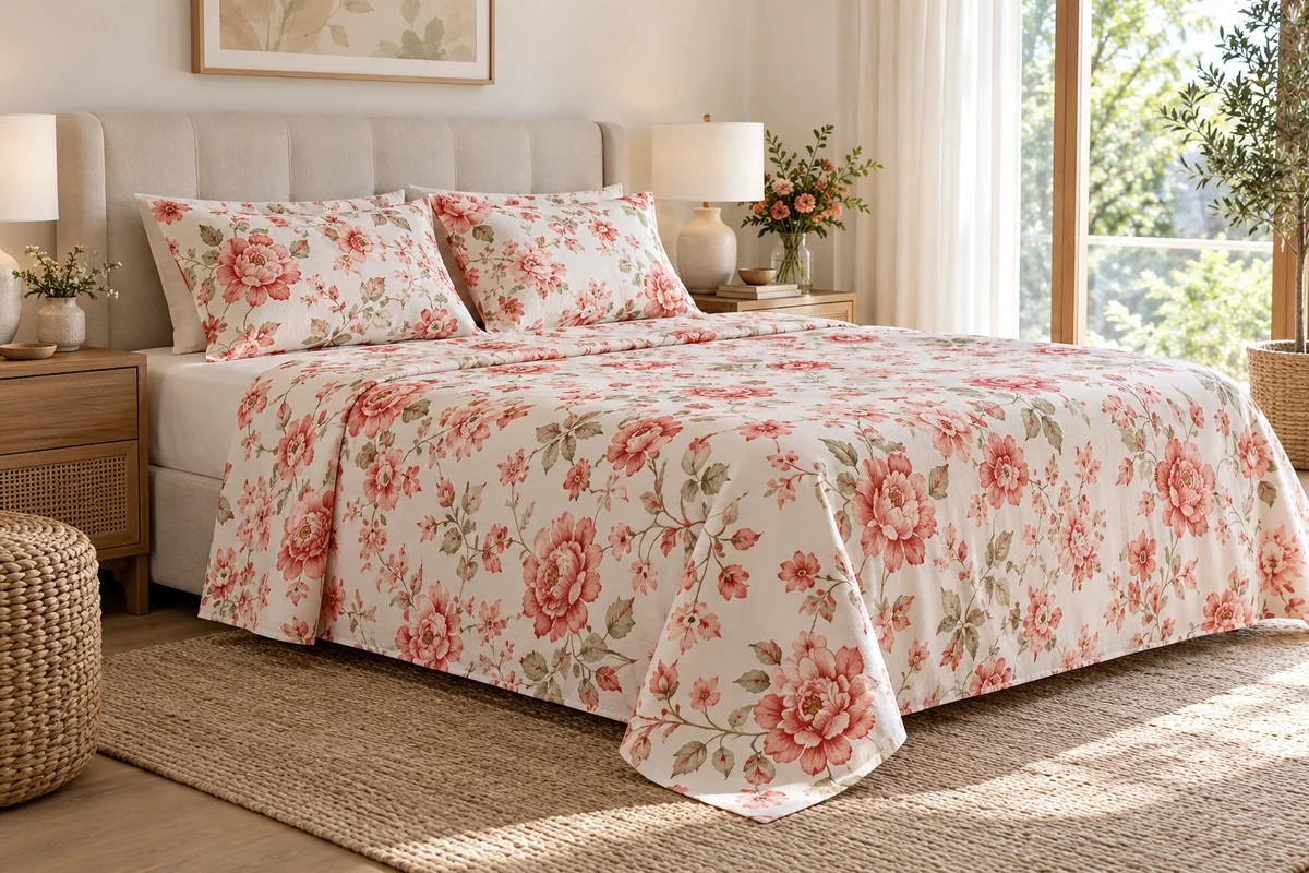 White bedsheets with a soft coral floral design