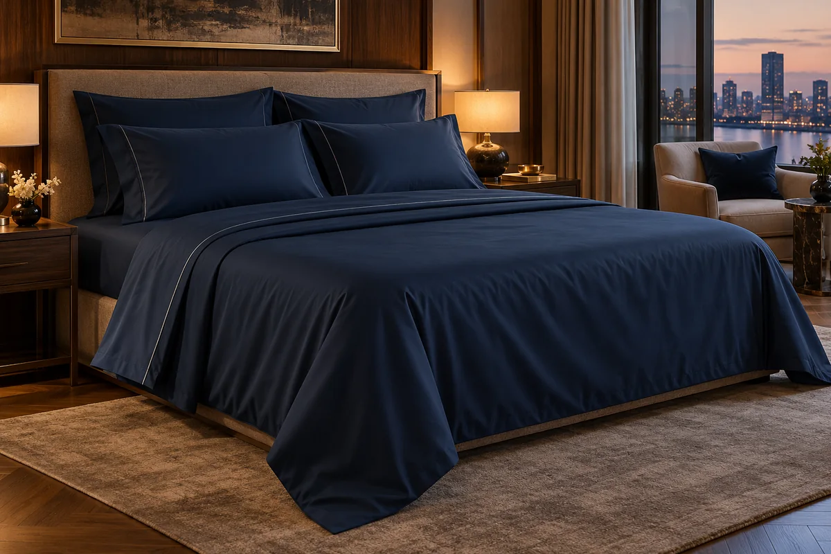 Solid navy blue bedsheets in an elegant bedroom
