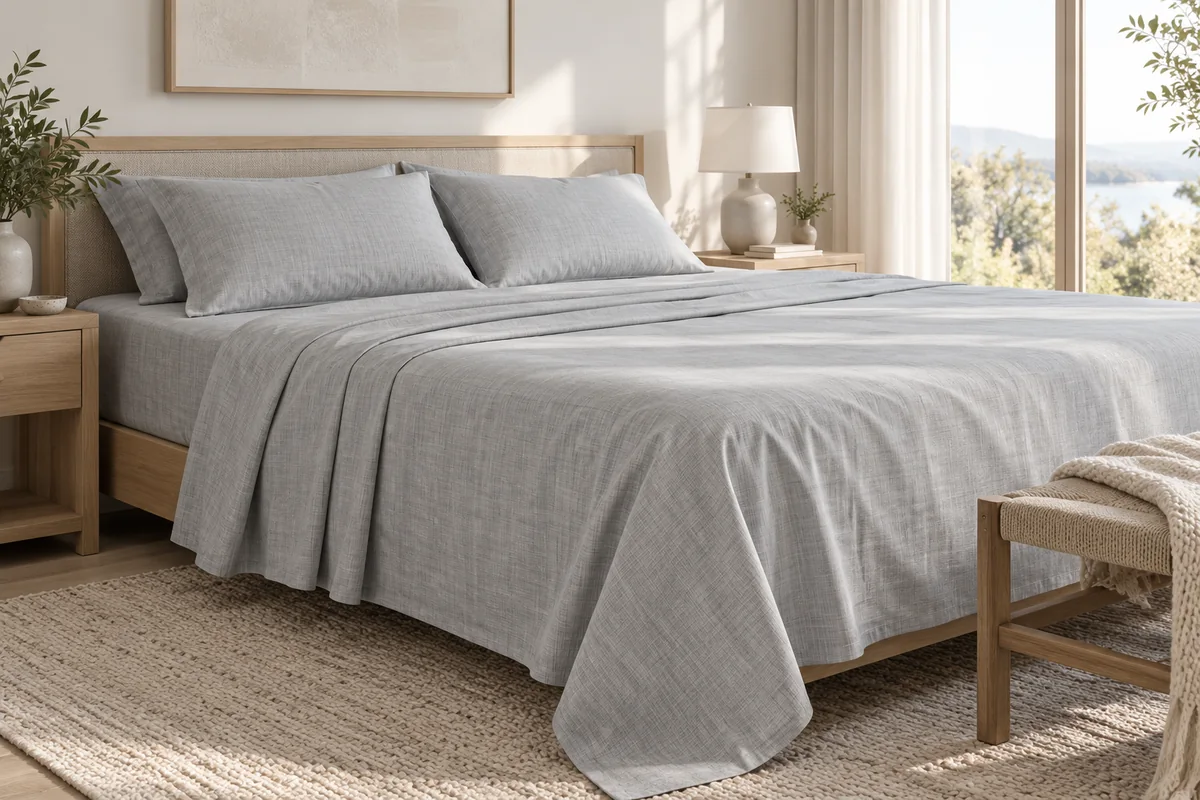 Soft grey textured bed linen in a bright room