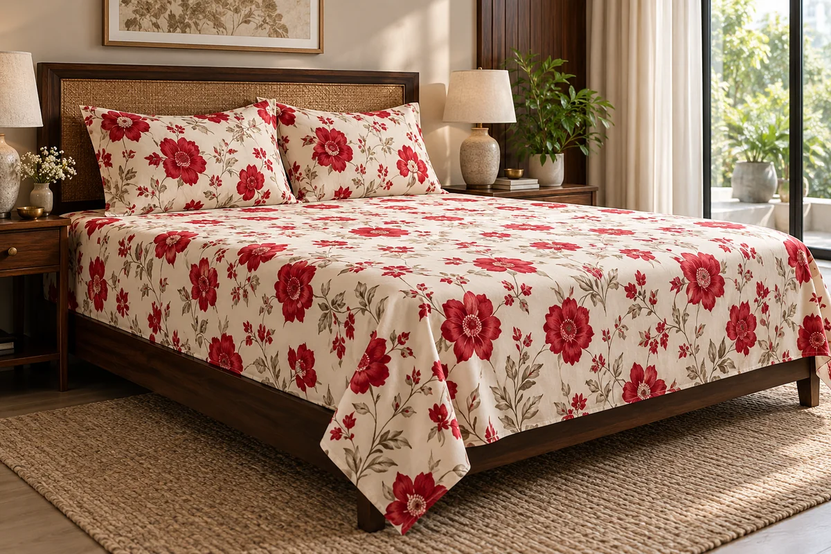 Ivory bedsheets covered with red floral prints
