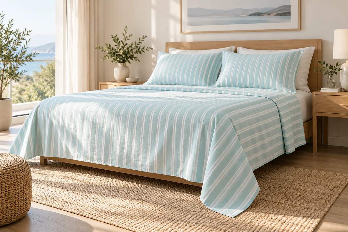Pale aqua and white striped bedsheets