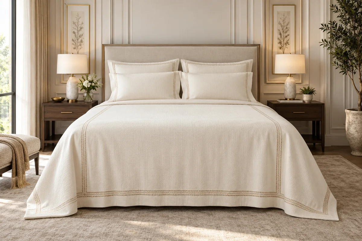 Ivory textured bed linen with subtle stitched borders