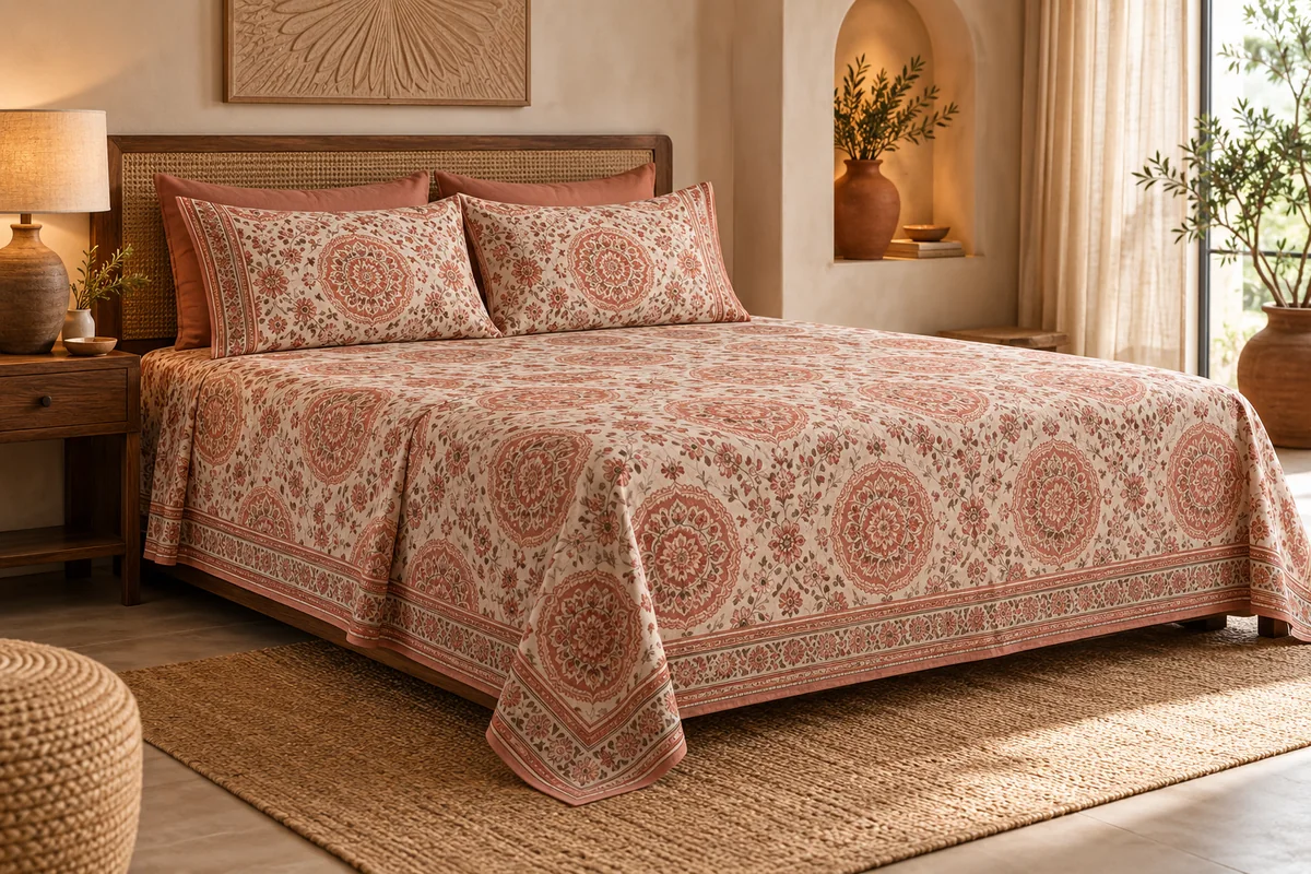 Rust and cream bedsheets with an intricate medallion print