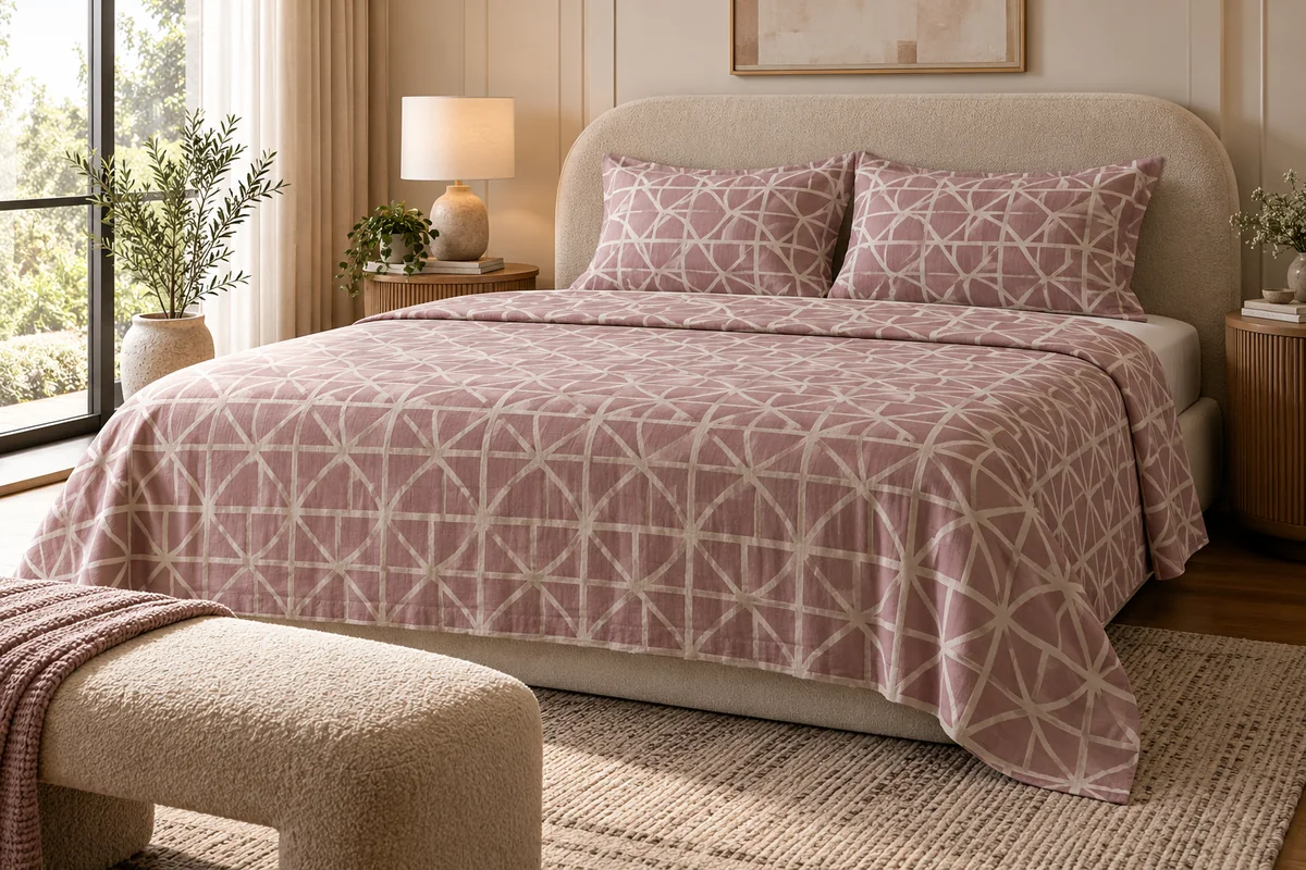 Dusty mauve bedsheets with a contemporary geometric pattern