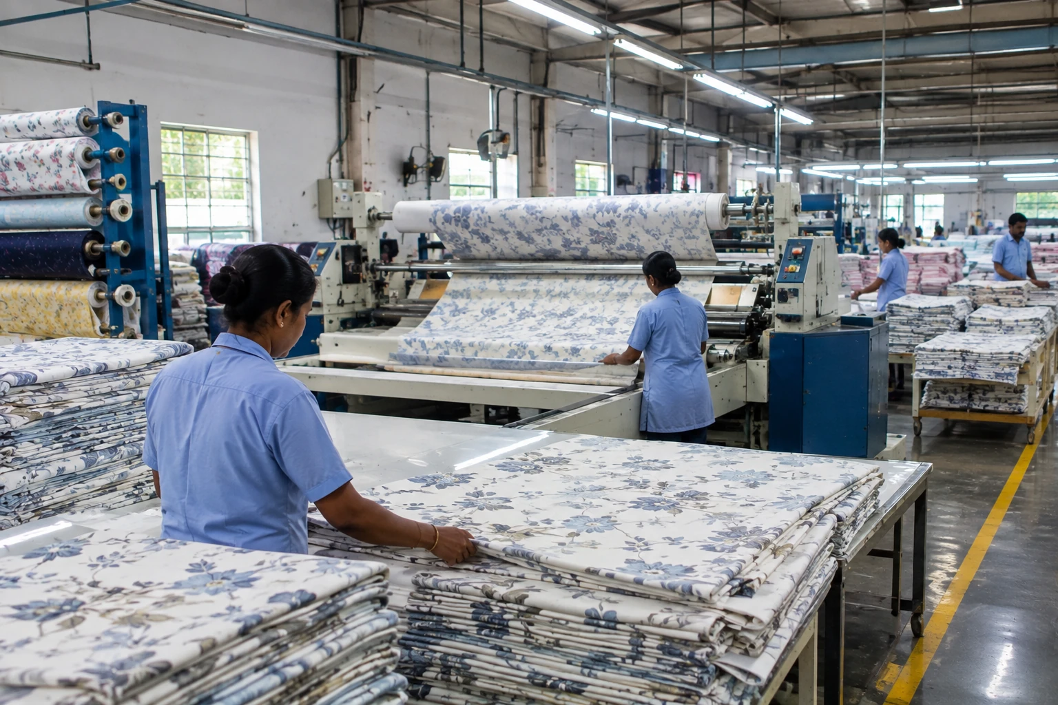 Workers handling printed fabric in a textile production workshop