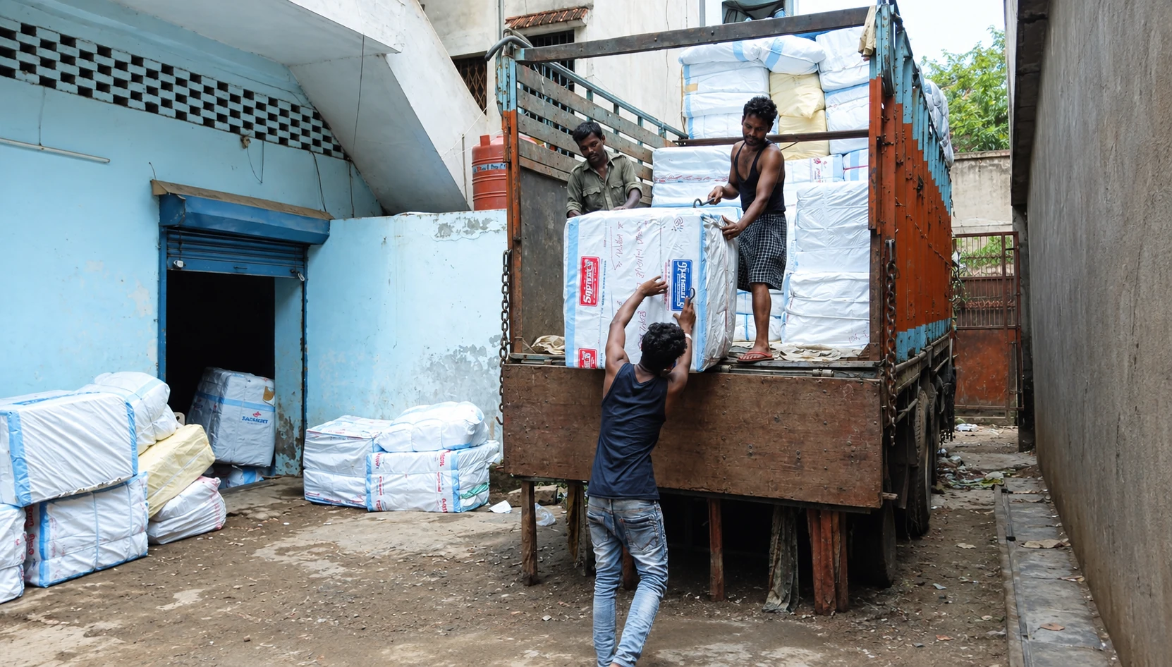Workers loading packed textiles for dispatch