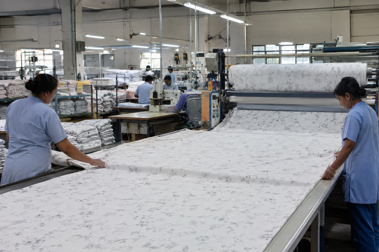 A length of printed bedsheet fabric spread across a worktable