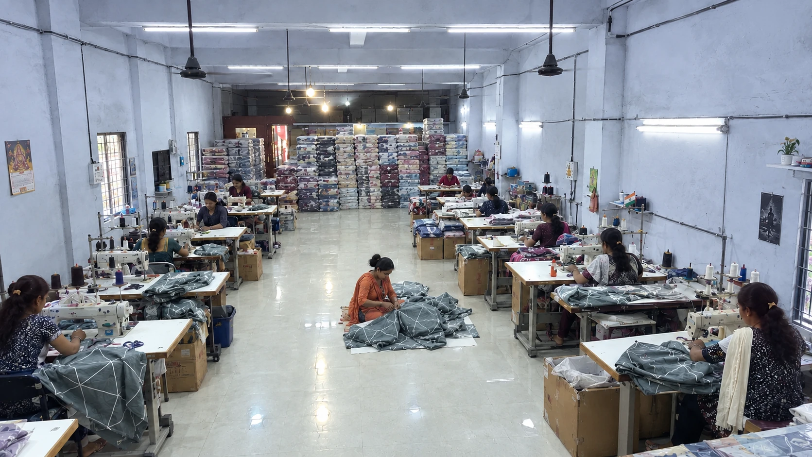A wide view of workers sewing textiles in a production facility