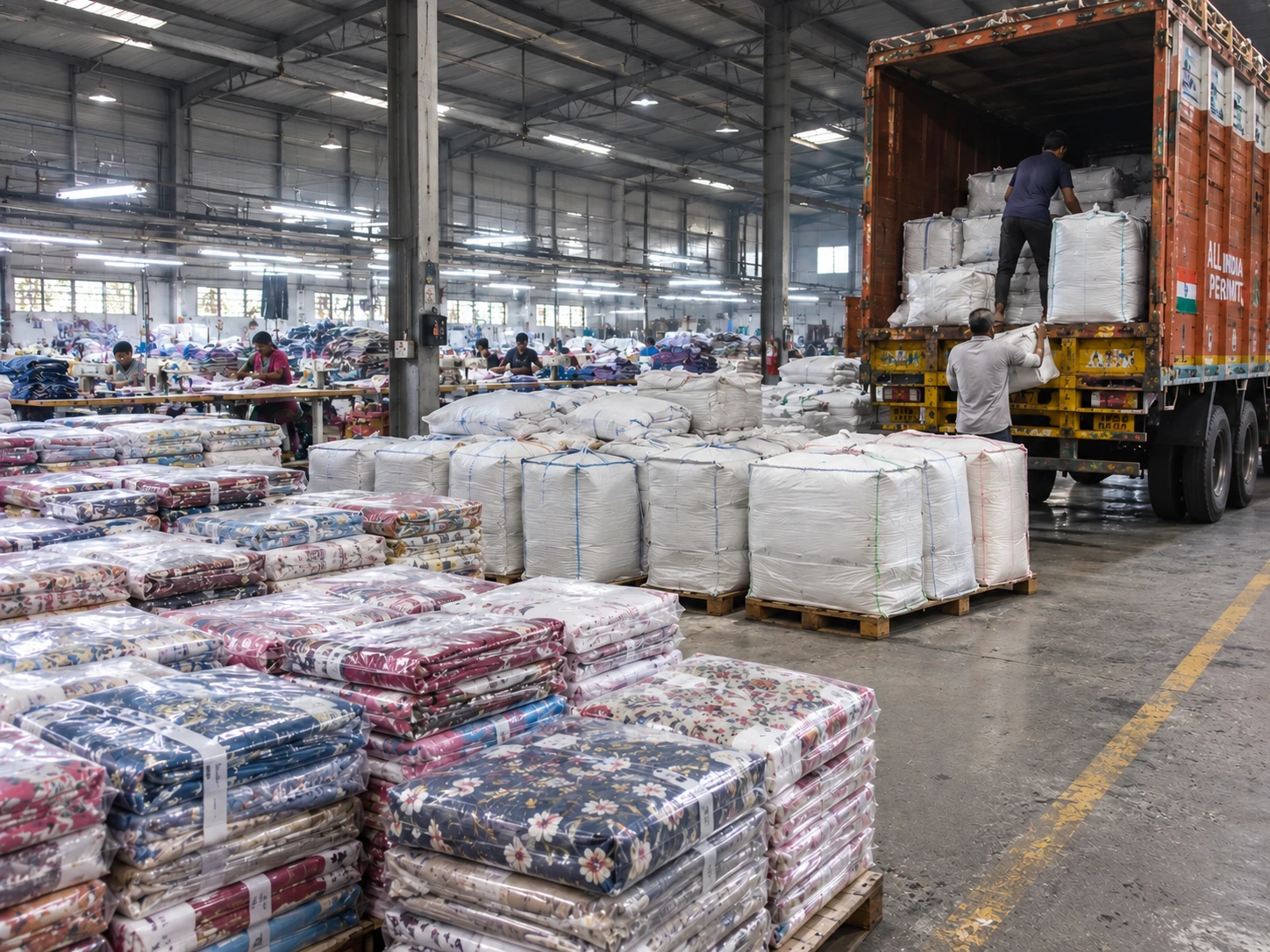 Packaged textiles staged in a warehouse for shipment