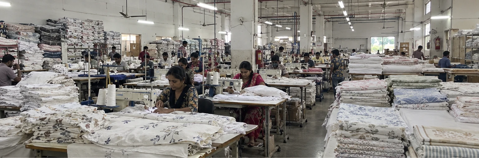 Textile workers sewing and inspecting bedsheets across a production floor