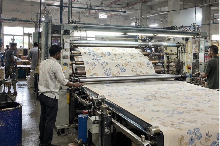 Printed bedsheet fabric moving through textile printing machinery